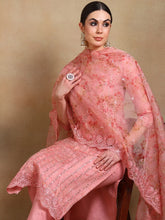 Women Peach Organza Embroidered Straight Kurta Pant Set With Dupatta